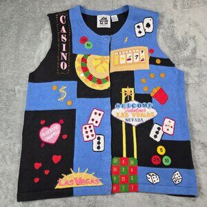 Storybook Knits Vest Womens 1X Blue Black Las Vegas Gambling Casino Granny READ